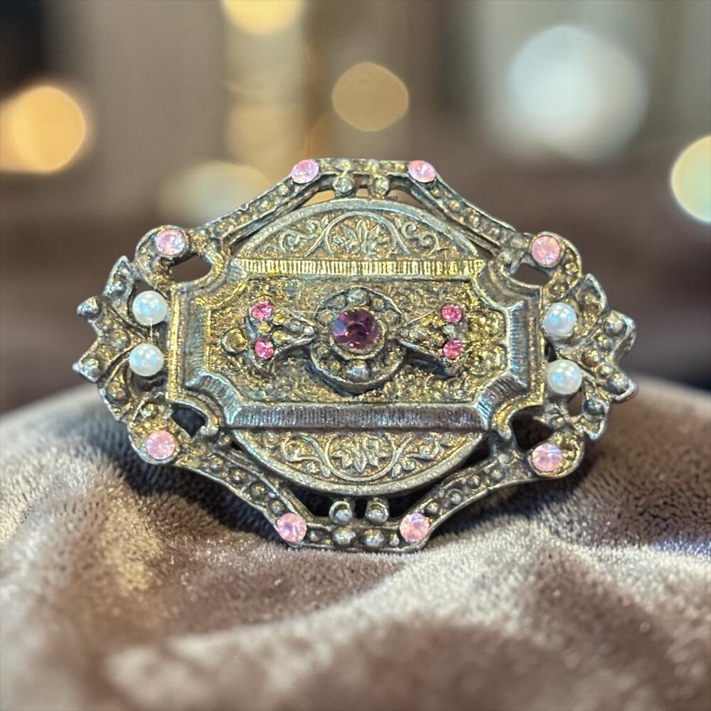 Art Deco Pink Rhinestone Pearl Brooch Ornate Antique Gold Tone Pin